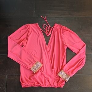 Elegant Vibrant Pink Women's Top with Beaded Cuffs